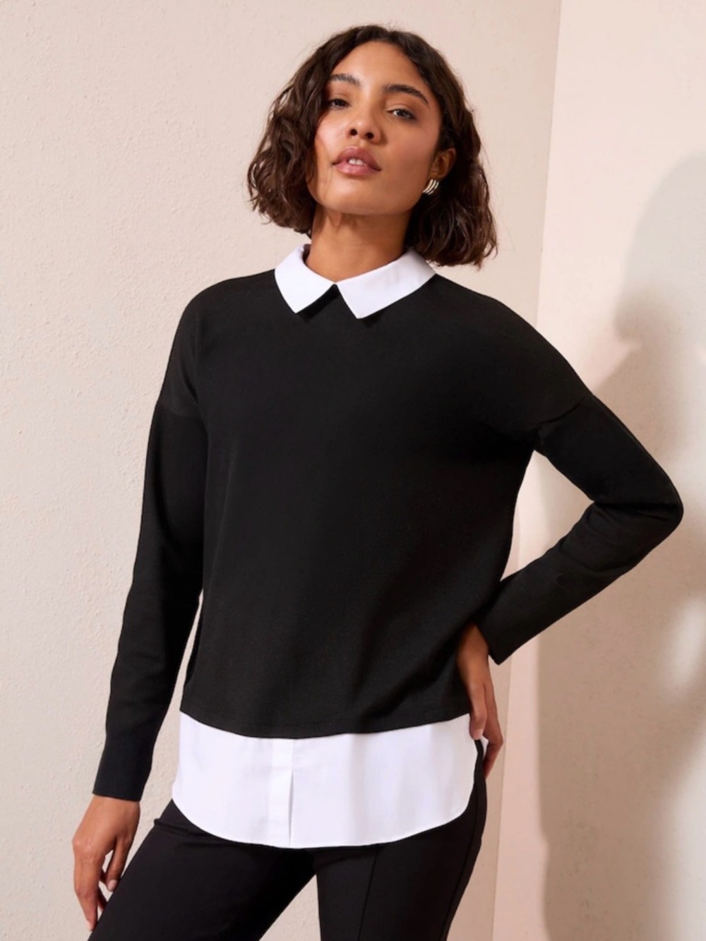 Adrianna Papell Black Dress with White Pointed Collar